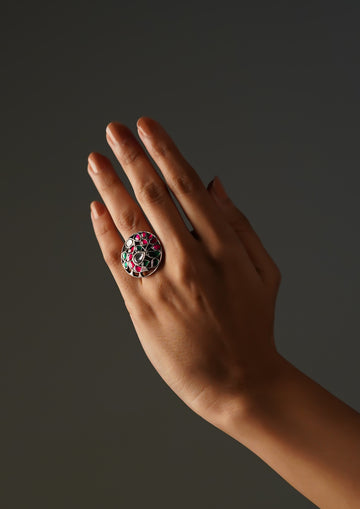 Pragalbha Kanti Kundan Oxidized Silver Finish Ring with Stonework