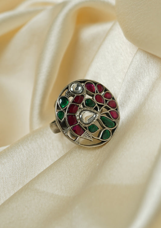 Pragalbha Kanti Kundan Oxidized Silver Finish Ring with Stonework