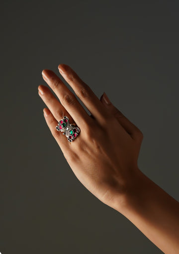 Shraddha Abharana Kundan Oxidized Silver Finish Ring with Stonework