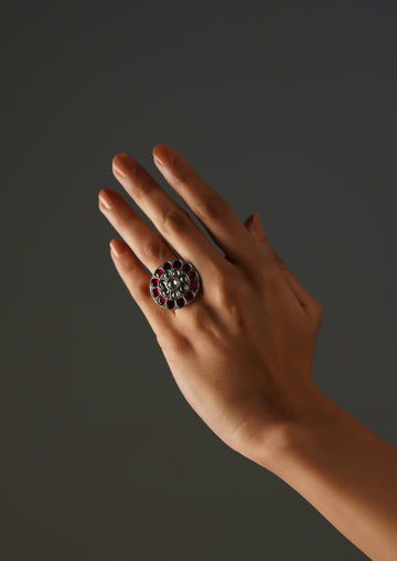 Saundarya Chandra Kundan Oxidized Silver Finish Ring with Stonework