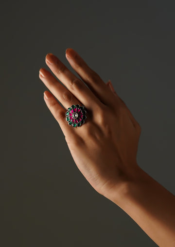 Ananya Bimbam Kundan Oxidized Silver Finish Ring with Stonework