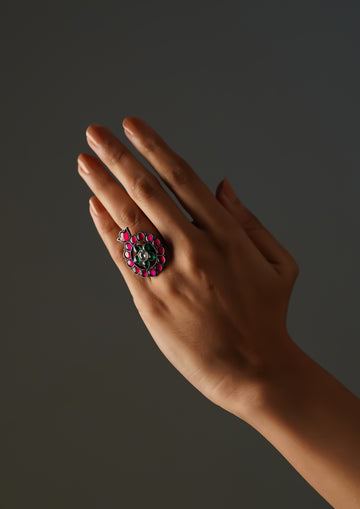 Prerna Varsha Kundan Oxidized Silver Finish Ring with Stonework