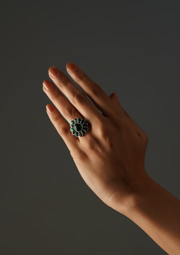 Saumya Tarini Kundan Oxidized Silver Finish Ring with Stonework