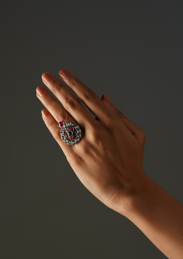 Amrita Sanketa Kundan Oxidized Silver Finish Ring with Stonework