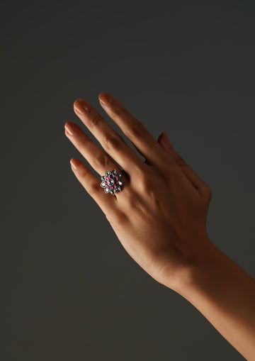 Prakasha Kanaka Kundan Oxidized Silver Finish Ring with Stonework