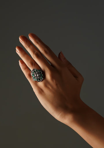 Chaitanya Shringar Kundan Oxidized Silver Finish Ring with Stonework