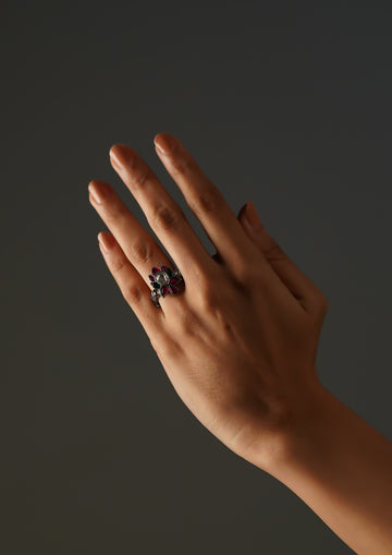 Komal Kundali Kundan Oxidized Silver Finish Ring with Stonework