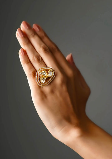 Vasundhara Malika Polki Gold Finish Ring with Stone Work