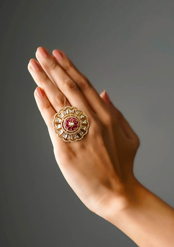 Jeeva Ratna Polki Gold Finish Ring with Stone Work