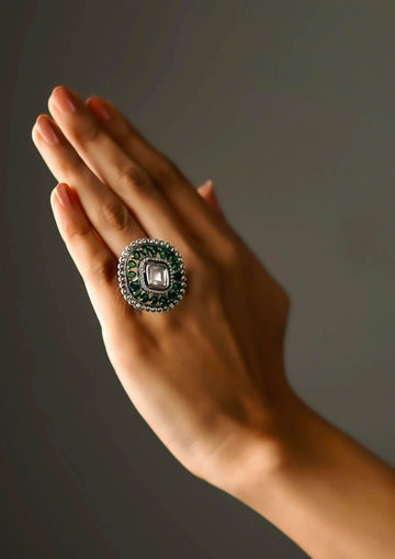 Shubha Kanti Polki Oxidized Silver Finish Ring with Stone Work