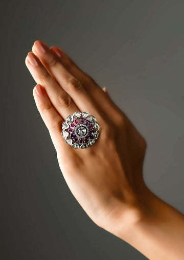 Baanu Manjari Polki Oxidized Silver Finish Ring with Stone Work