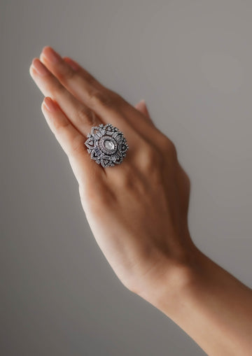 Spoorti Malika Polki Oxidized Silver Finish Ring with Stone Work