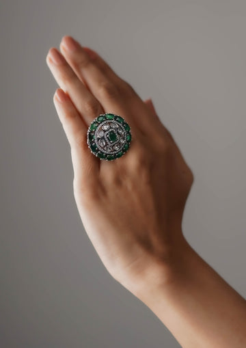 Bhuvana Ratna Polki Oxidized Silver Finish Ring with Stone Work