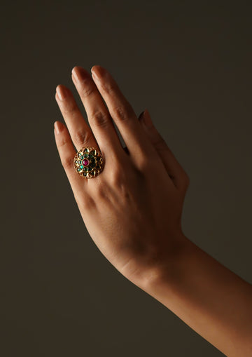 Mrinali Abharana Premium Gold Finish Ring with Stonework