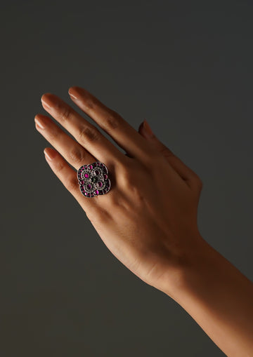 Divya Keshara Premium Oxidized Silver Finish Ring with Stonework