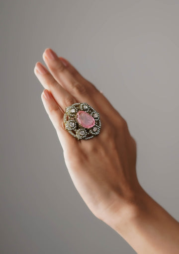 Varsha Kiritam Victorian Golden Hue Finish Ring with Stone Work