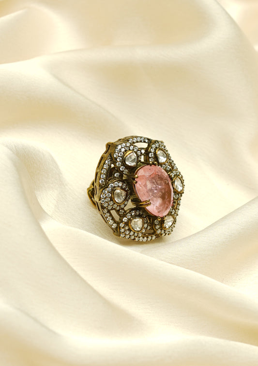 Varsha Kiritam Victorian Golden Hue Finish Ring with Stone Work