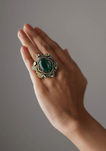 Ananda Tarangini Victorian Golden Hue Finish Ring with Stone Work