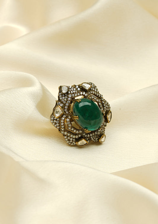 Ananda Tarangini Victorian Golden Hue Finish Ring with Stone Work