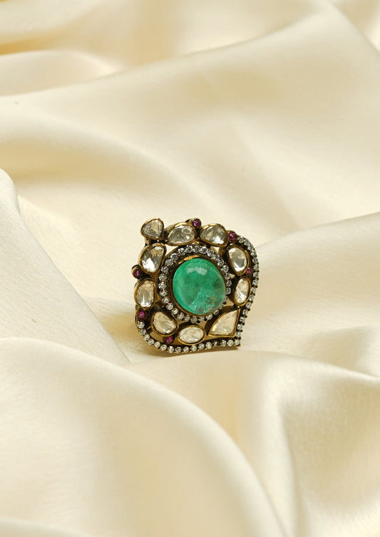 Kirti Shringara Victorian Golden Hue Finish Ring with Stone Work