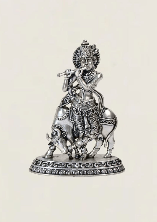 2D Cow Krishna - Pure 925 Silver Idol