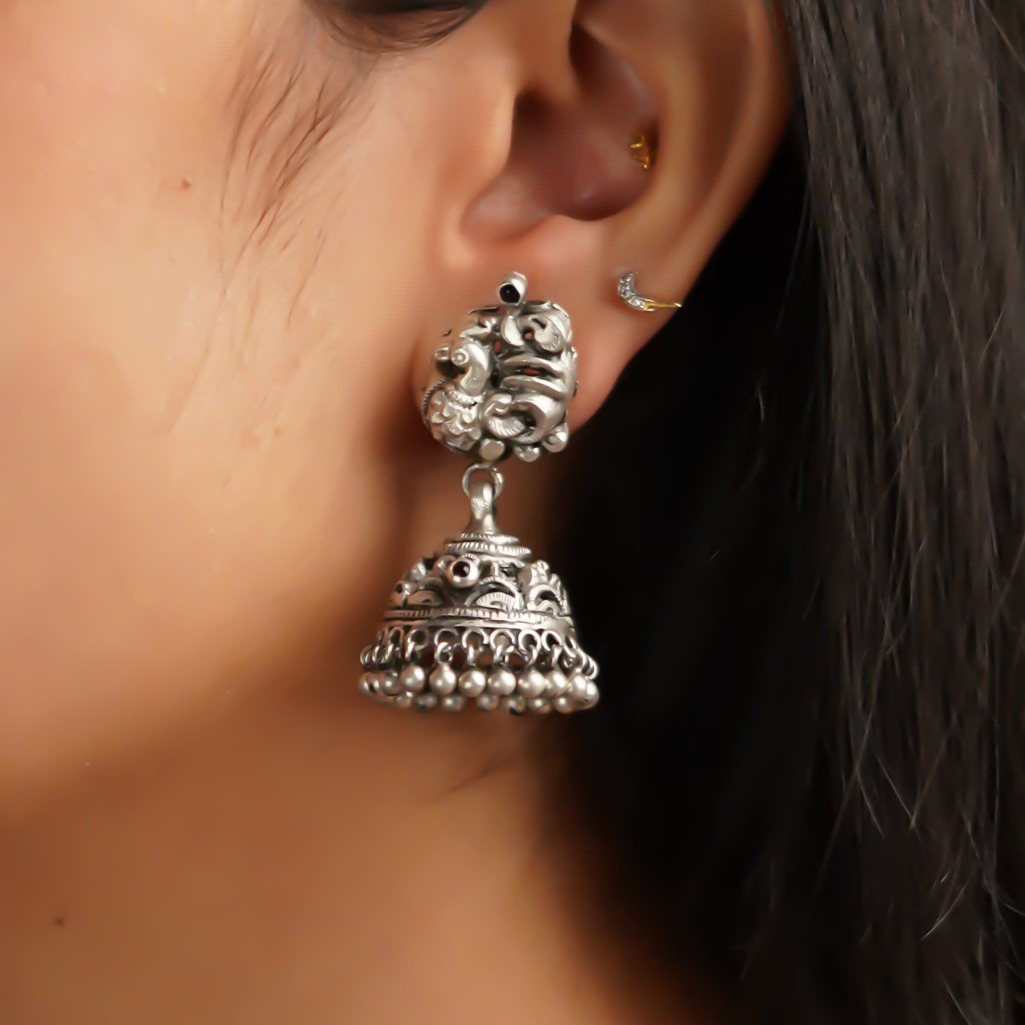 Amrita Chandrika Nakashi Oxidized Silver Finish Jhumki