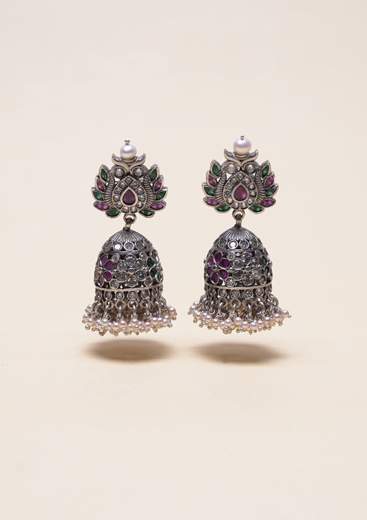 Kavya Pushpa Premium Oxidized Silver Finish Jhumki
