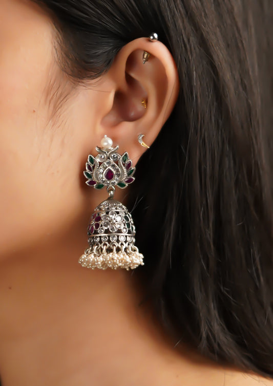 Kavya Pushpa Premium Oxidized Silver Finish Jhumki