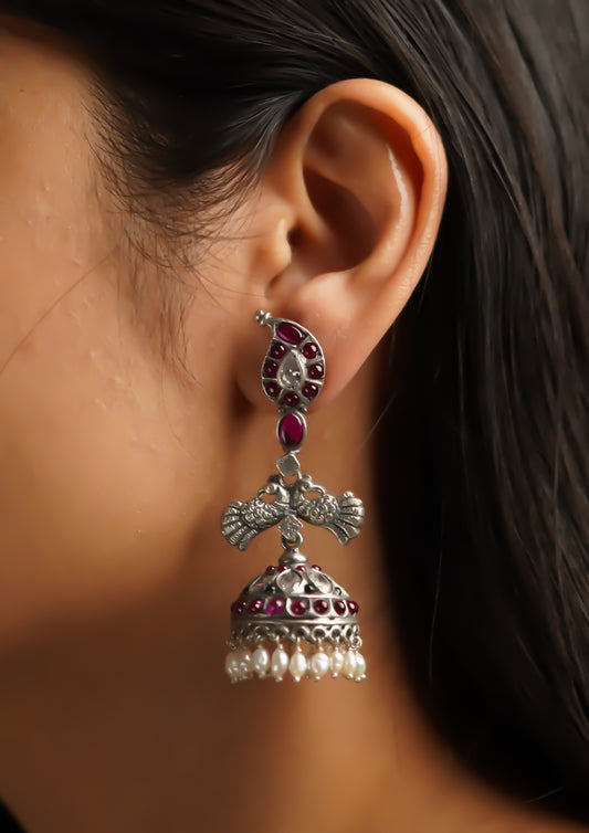 Ananda Lasya Premium Oxidized Silver Finish Jhumki