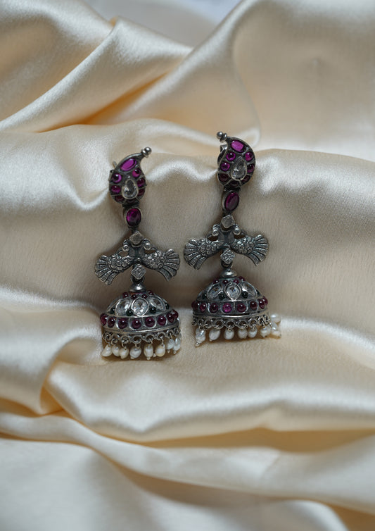 Ananda Lasya Premium Oxidized Silver Finish Jhumki