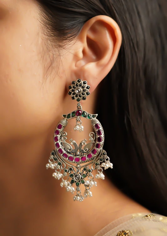 Chhavi Keshara Premium Oxidized Silver Finish Chandbali