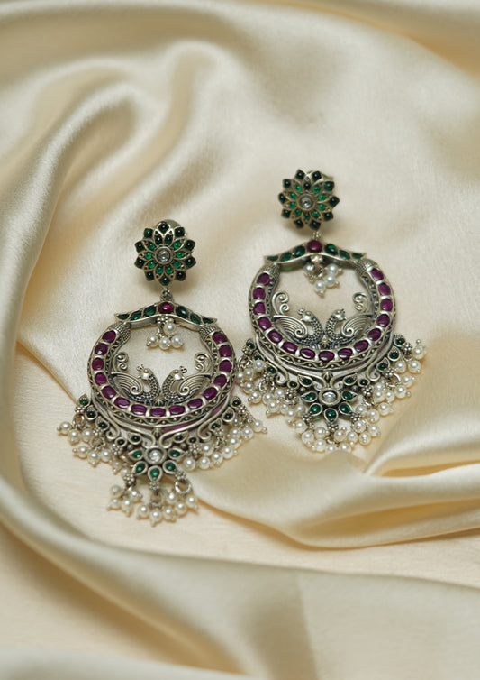 Chhavi Keshara Premium Oxidized Silver Finish Chandbali
