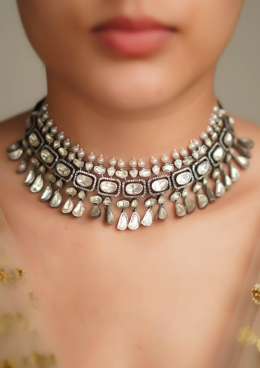 Samhita Sundara Moissanite Oxidized Silver Finish Necklace