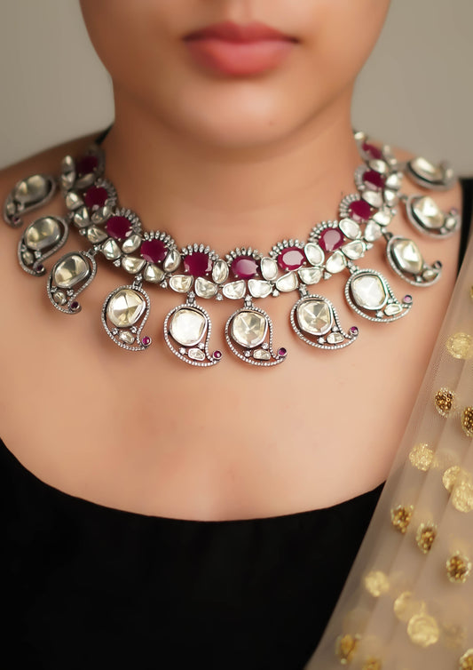 Samhita Tarangini Moissanite Oxidized Silver Finish Necklace