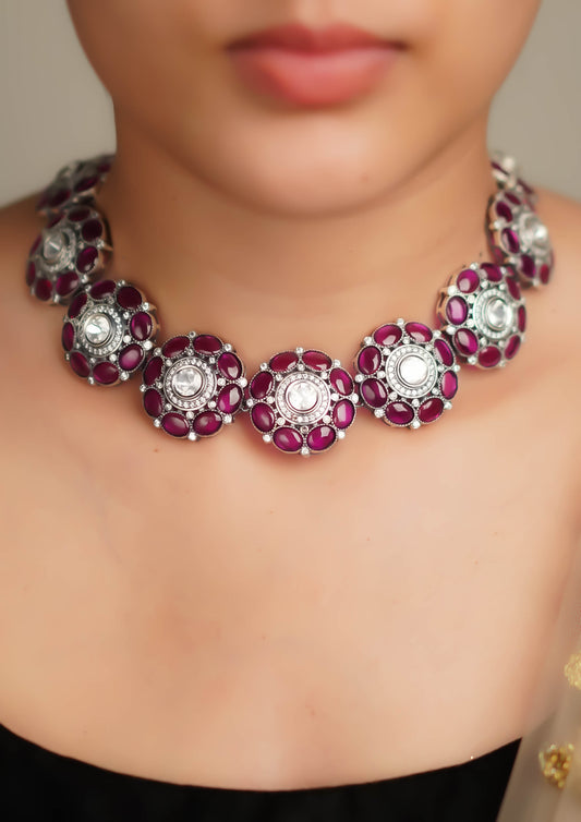 Suvarna Pushpika Polki Oxidized Silver Finish Necklace