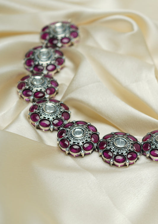 Suvarna Pushpika Polki Oxidized Silver Finish Necklace