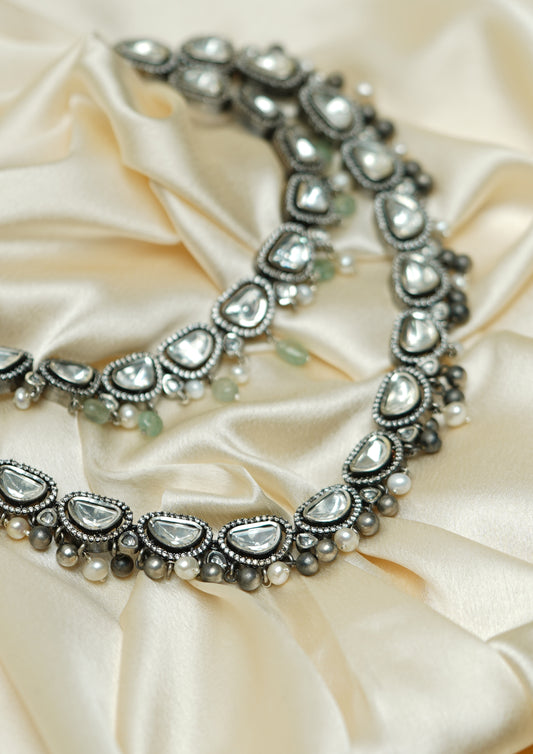 Pushpa Sundara Polki Oxidized Silver Finish Necklace