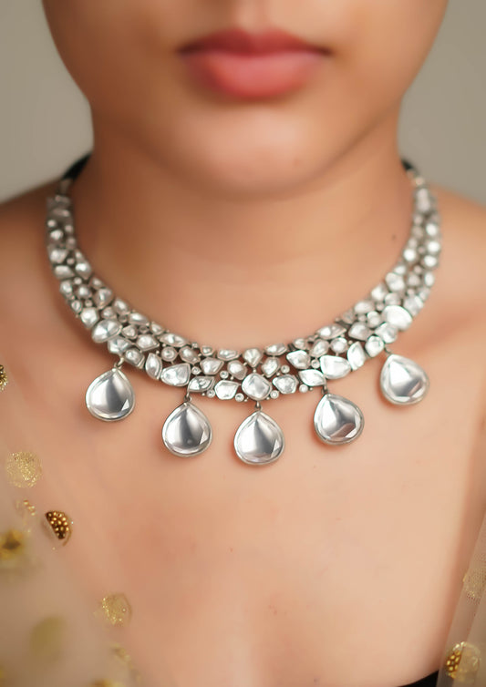 Suvarna Shobha Polki Oxidized Silver Finish Necklace