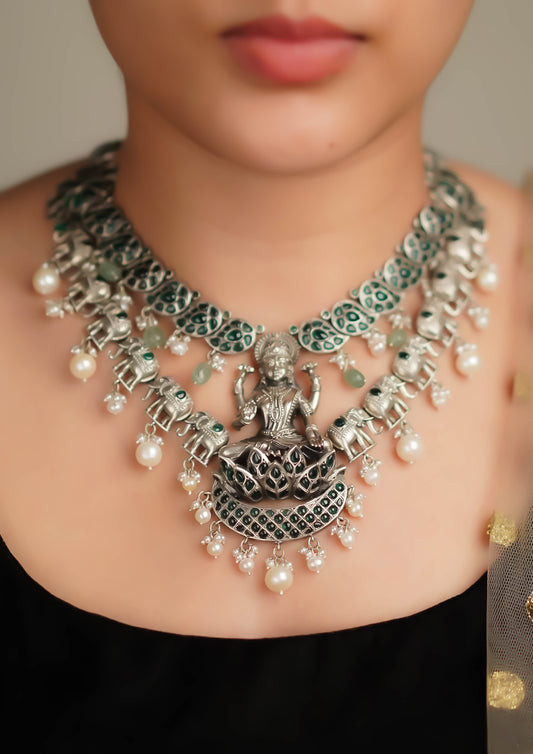 Pushpa Shobha Premium Oxidized Silver Finish Necklace