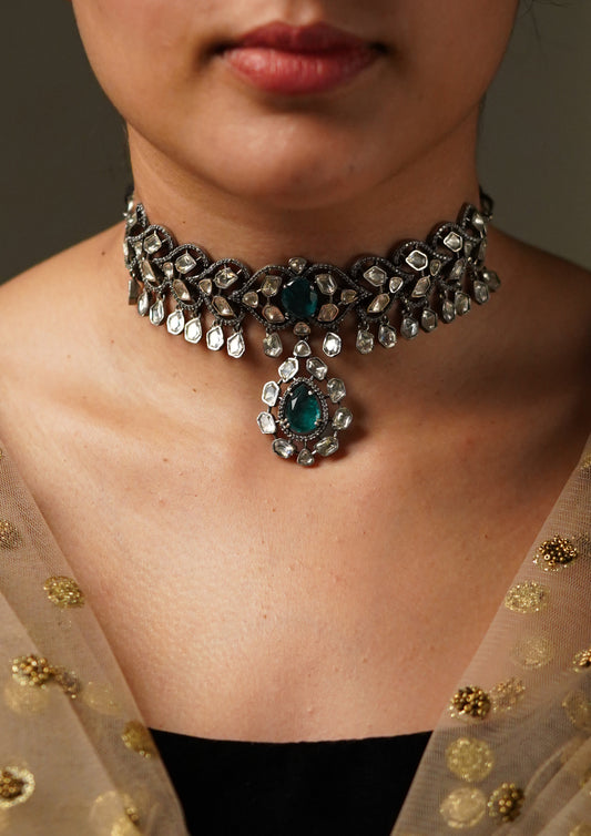 Madhura Tilaka Moissanite Oxidized Silver Finish Choker