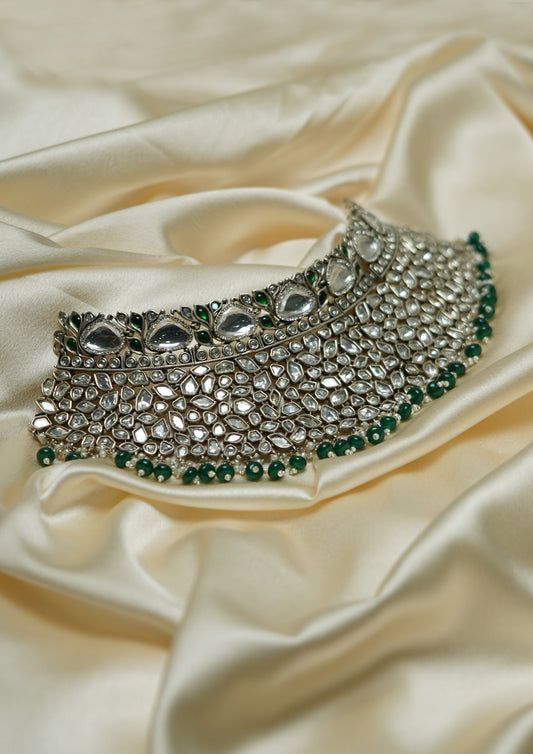 Manohara Kundala Polki Oxidized Silver Finish Choker
