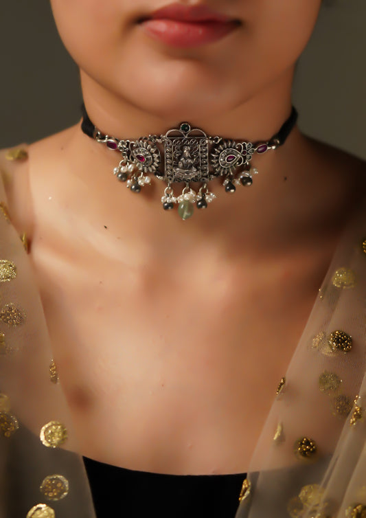Parijata Kanti Premium Oxidized Silver Finish Choker