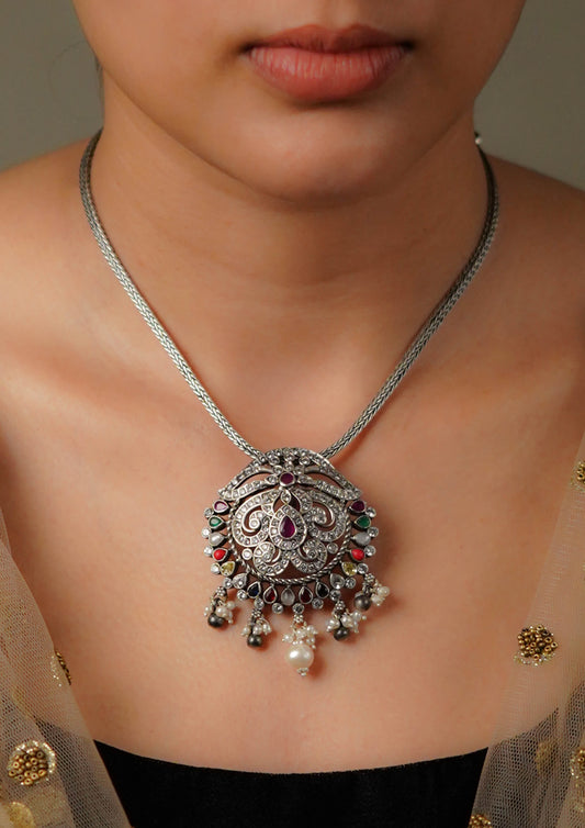 SukhSamhita Lagan Premium Oxidized Silver Finish Small Pendant