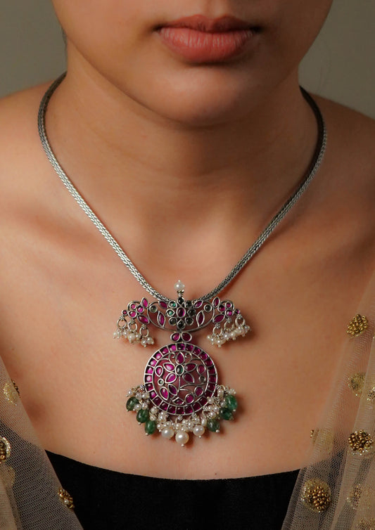 Mangal Shlokash Premium Oxidized Silver Finish Small Pendant