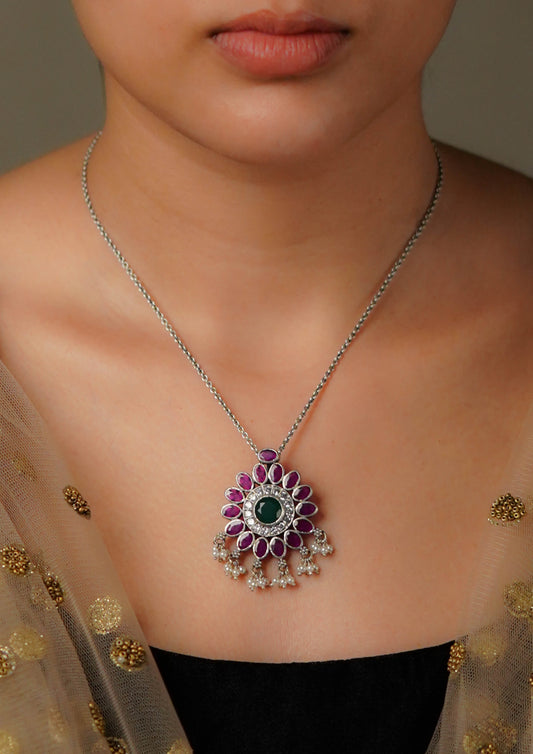 Prabhu Ratna Premium Oxidized Silver Finish Small Pendant