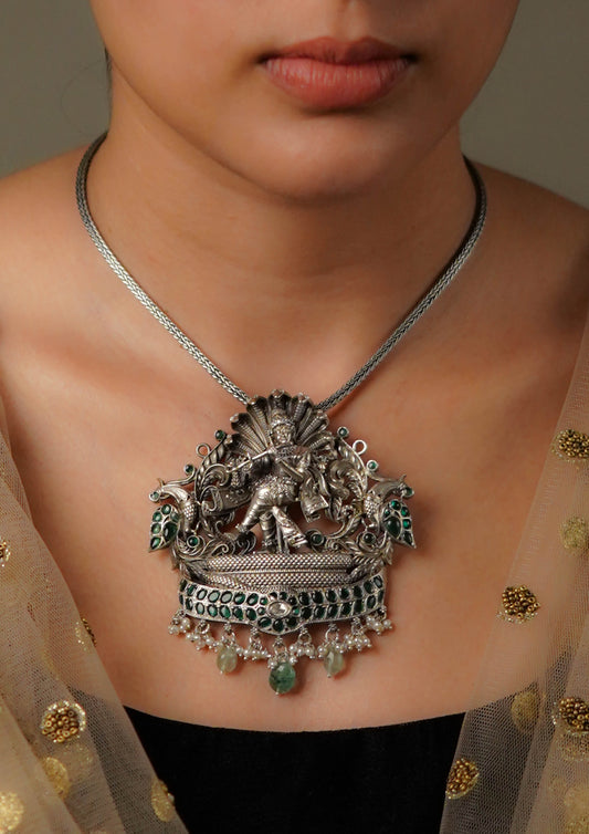 Harsha Manjari Premium Oxidized Silver Finish Medium Pendant