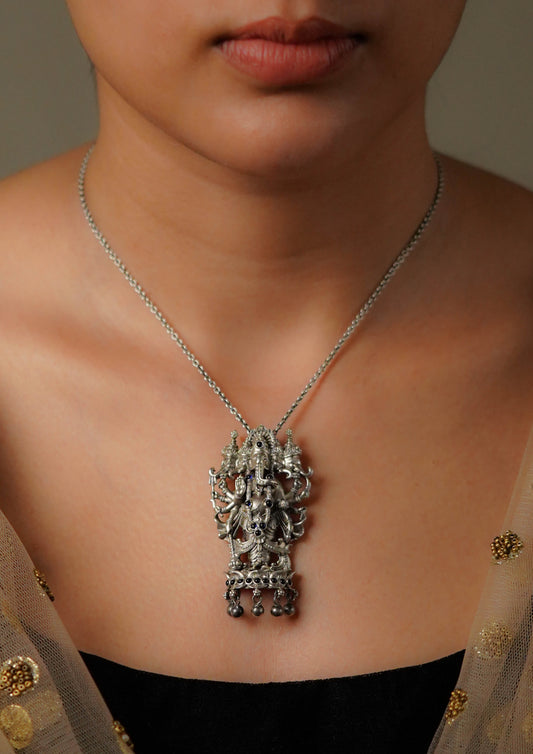 Ishita Shobha Premium Oxidized Silver Finish Medium Pendant