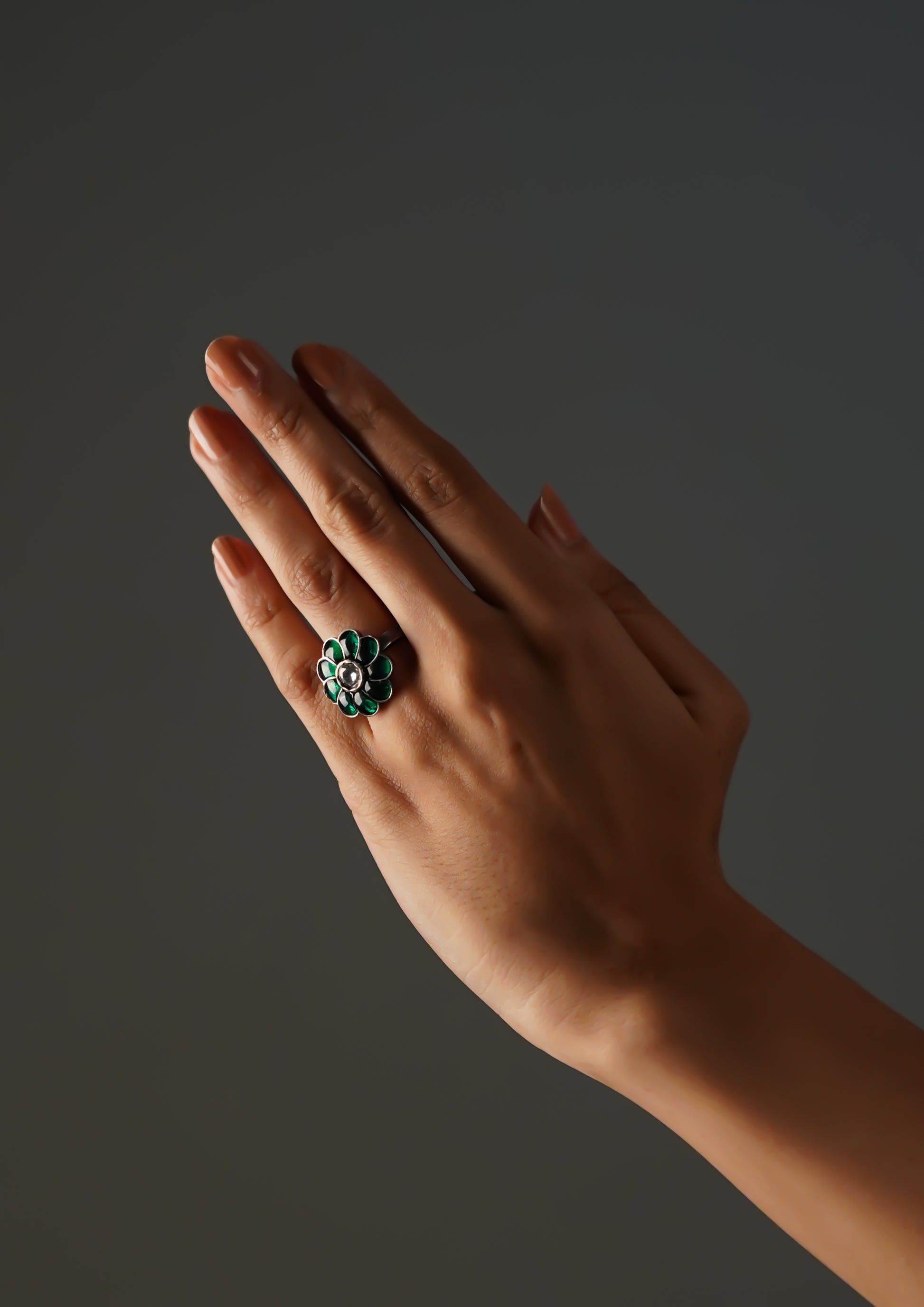 Amrita Kanti Kundan Oxidized Silver Finish Ring with Stonework