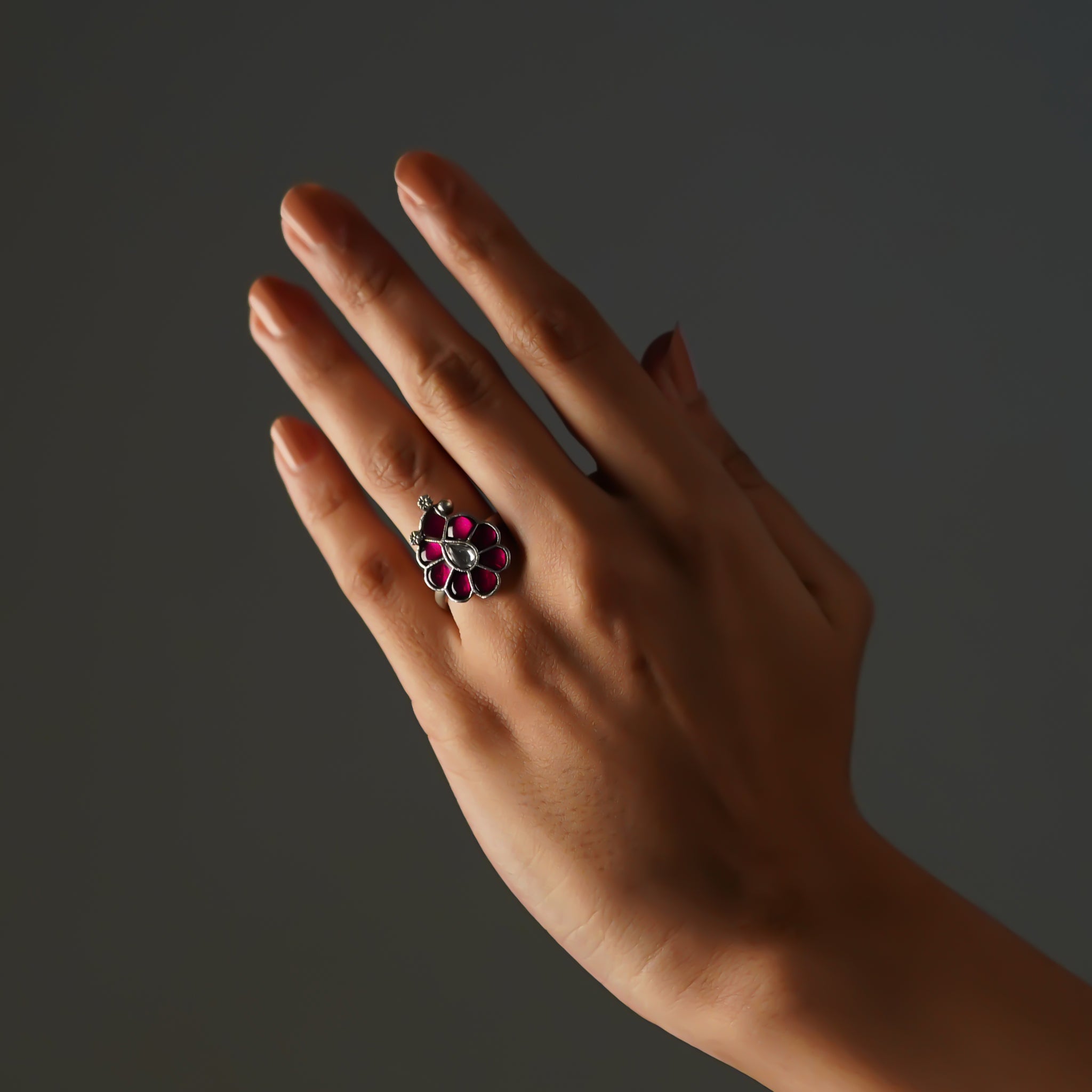 Shubha Sringara Kundan Oxidized Silver Finish Ring with Stonework