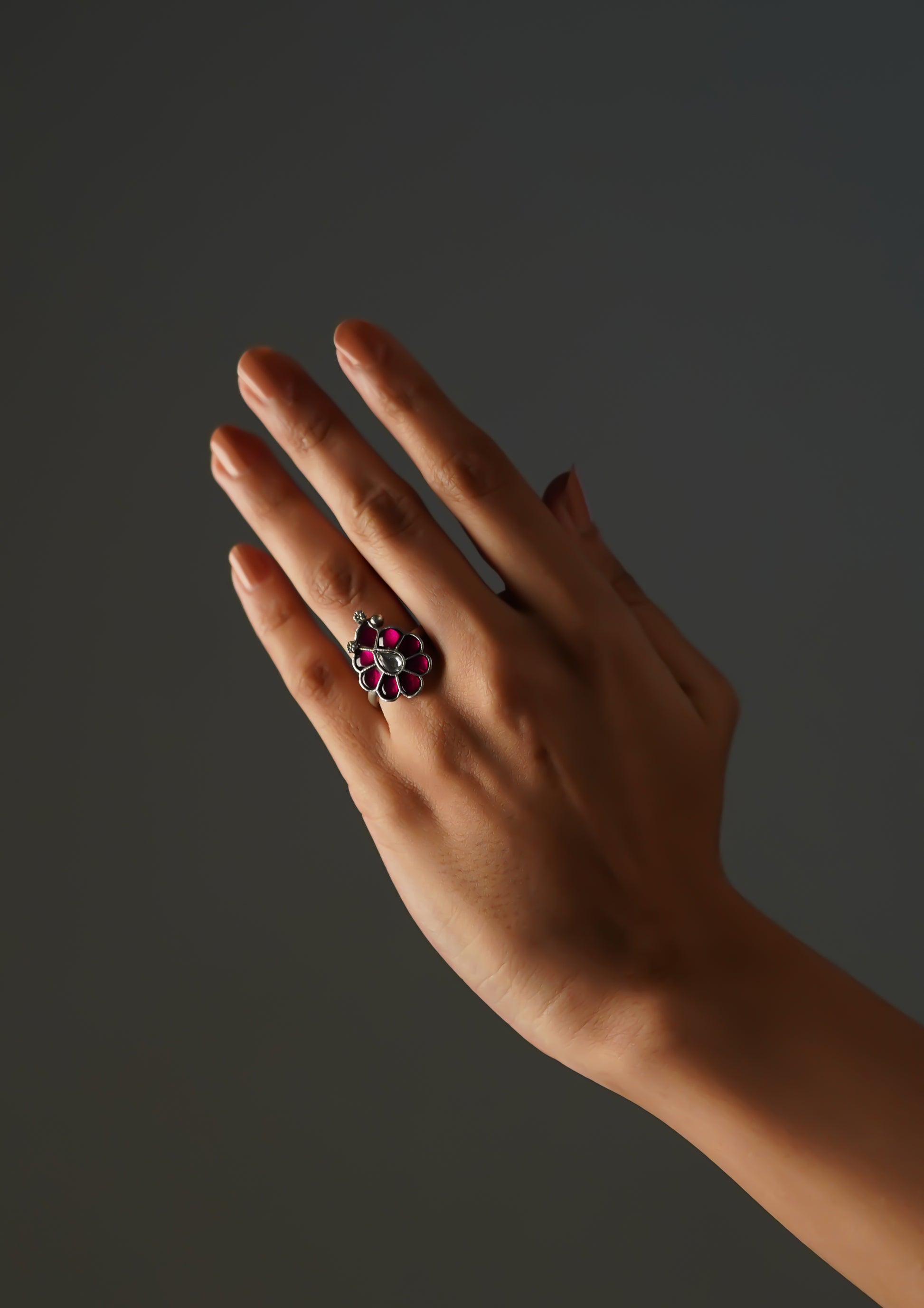 Shubha Sringara Kundan Oxidized Silver Finish Ring with Stonework